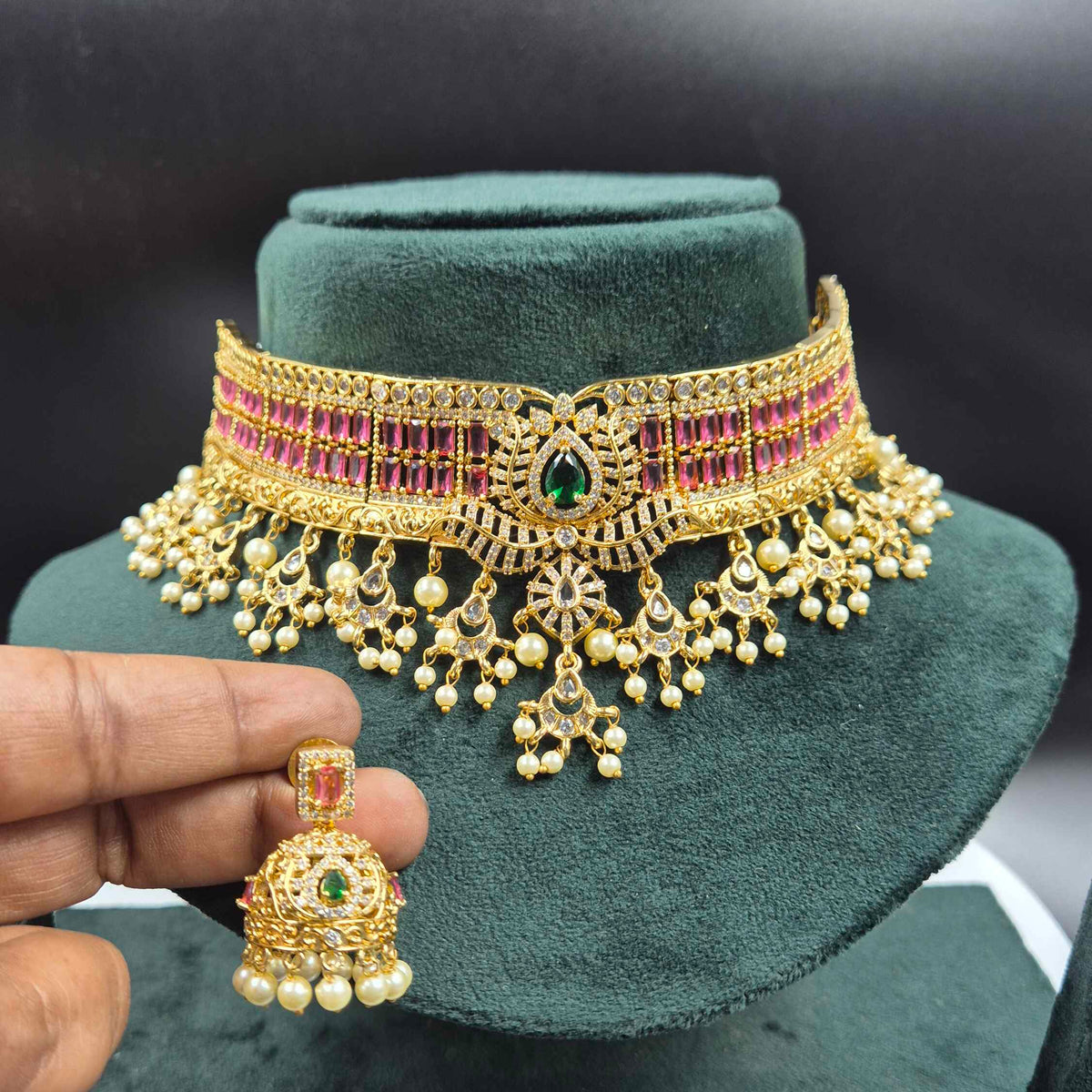 Green Emerald & Pink Stone Bridal Choker Set with Pearl Jhumkas