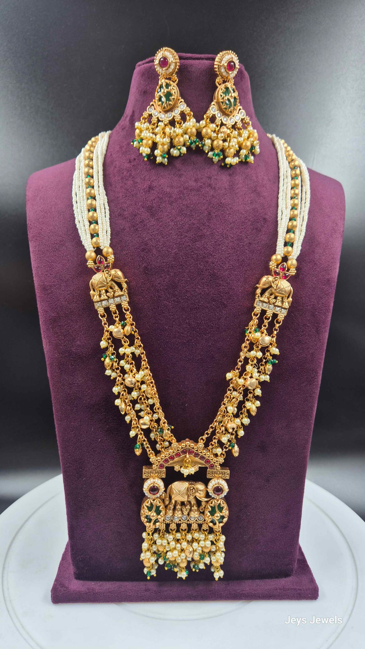 Elephant Motif Long Necklace Set with Pearls, Green & Ruby Stones