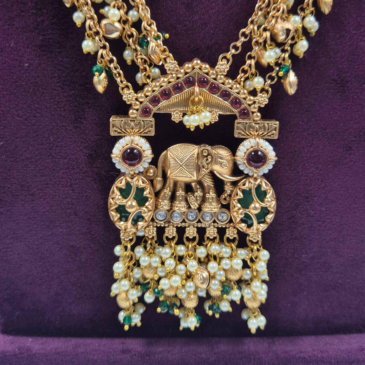 Elephant Motif Long Necklace Set with Pearls, Green & Ruby Stones