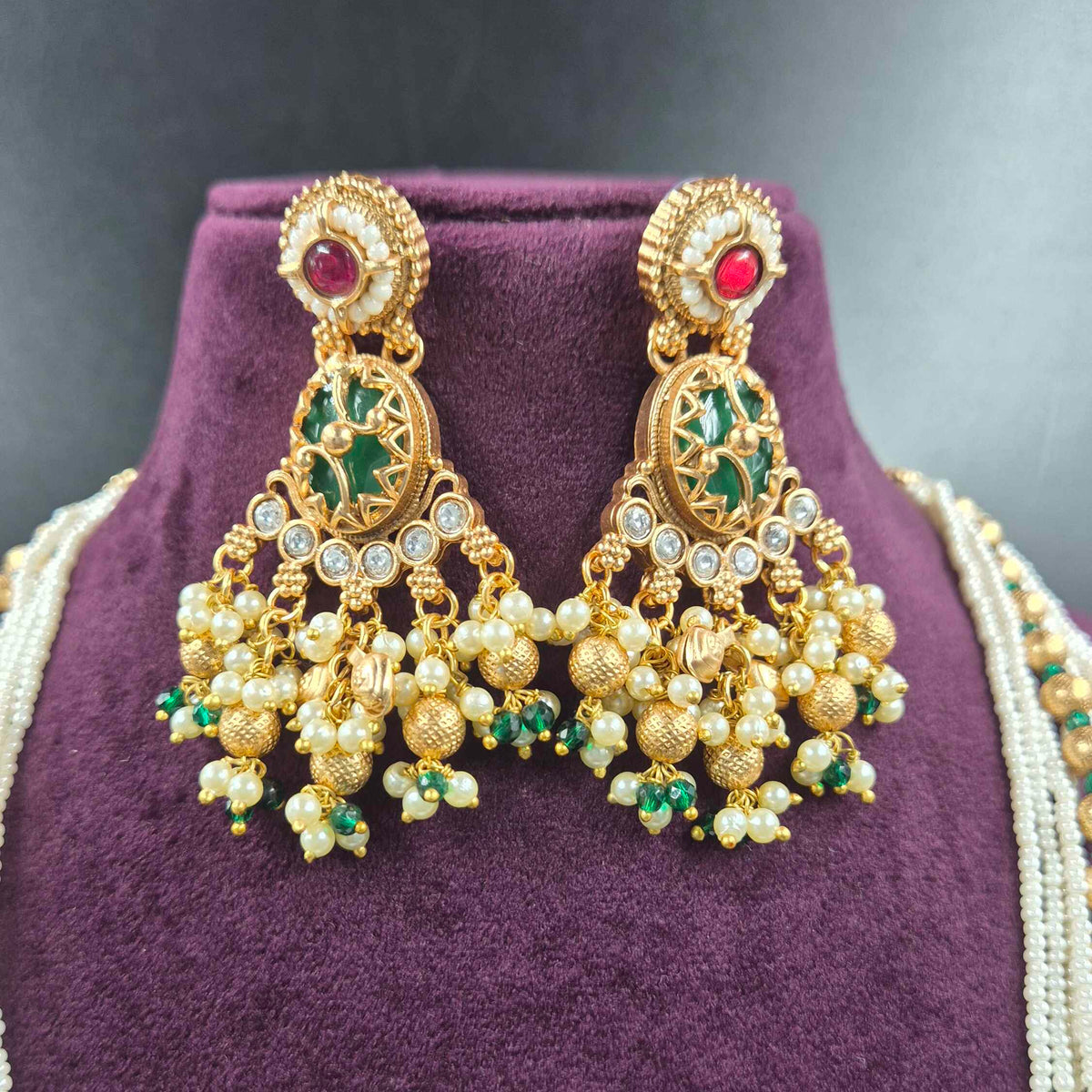 Elephant Motif Long Necklace Set with Pearls, Green & Ruby Stones