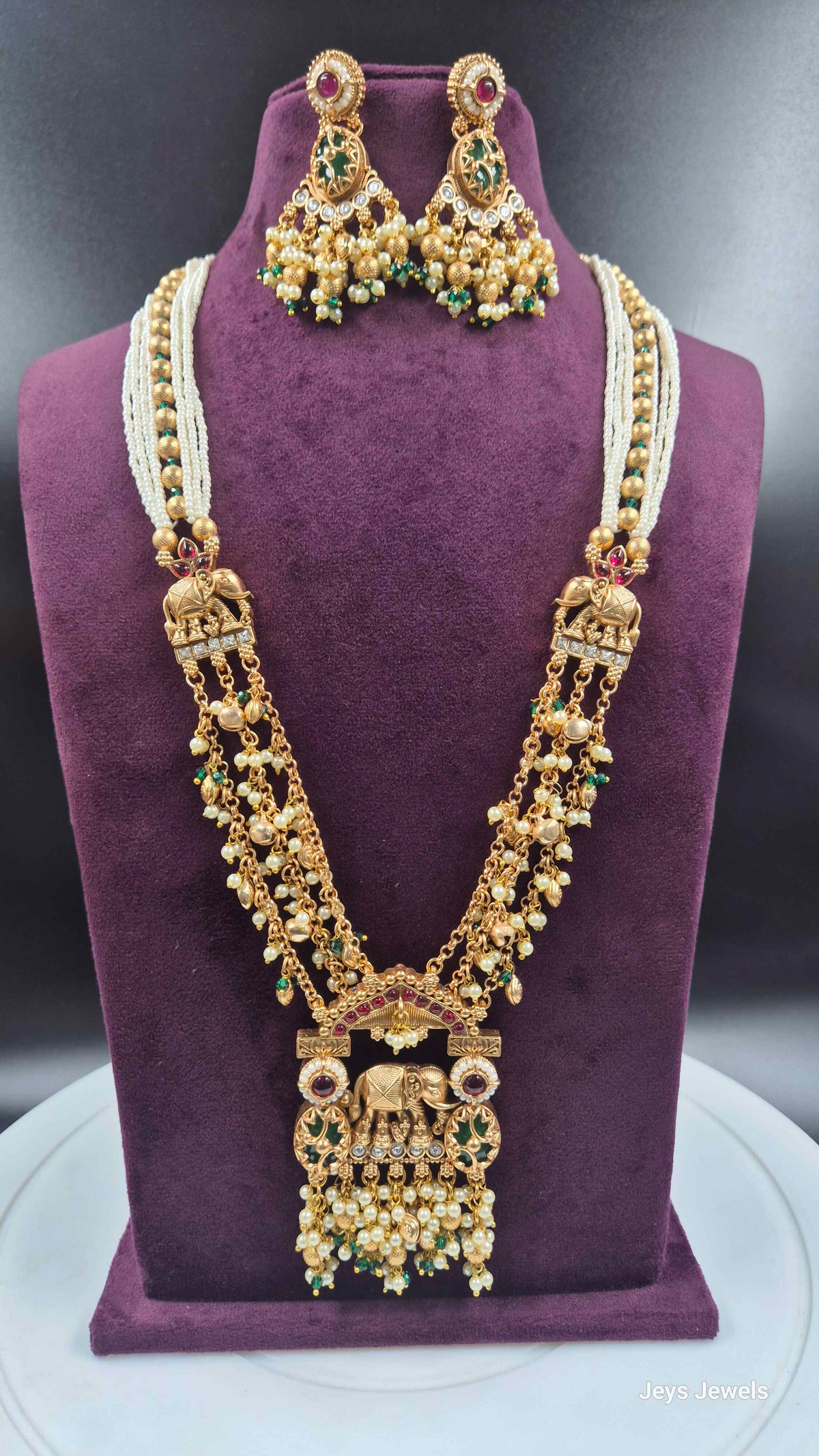 Elephant Motif Long Necklace Set with Pearls, Green & Ruby Stones