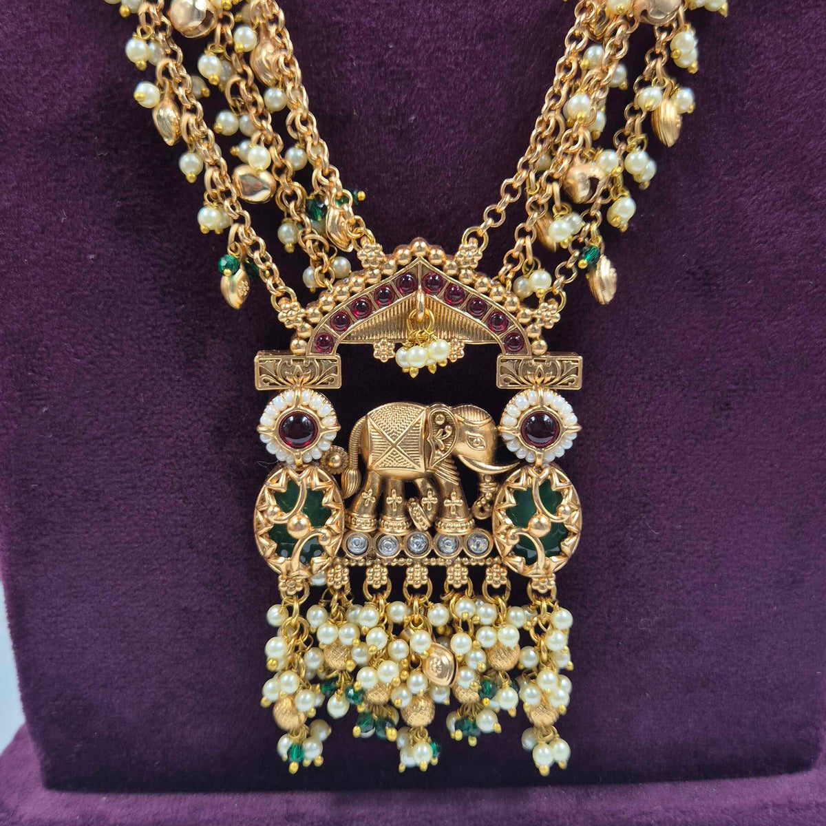 Elephant Motif Long Necklace Set with Pearls, Green & Ruby Stones