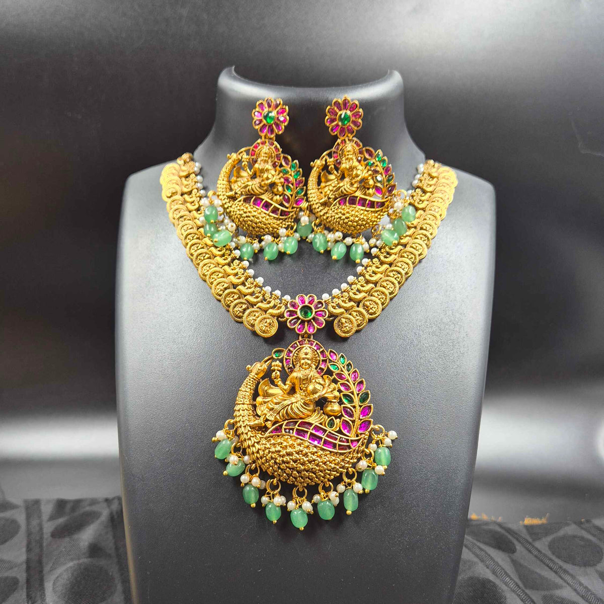Lakshmi Peacock Kemp Stone Necklace with Green Beads & Earrings