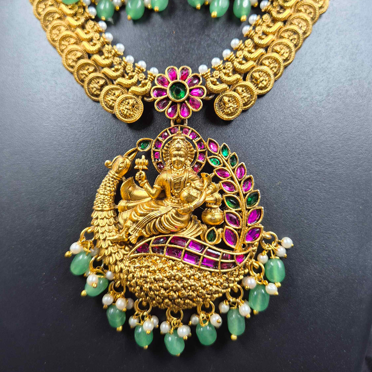 Lakshmi Peacock Kemp Stone Necklace with Green Beads & Earrings