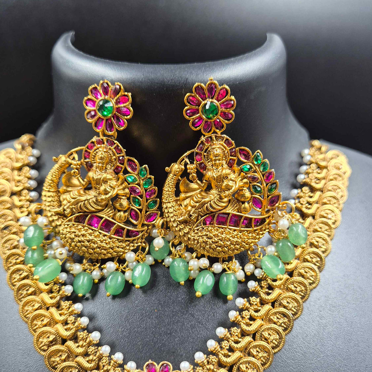 Lakshmi Peacock Kemp Stone Necklace with Green Beads & Earrings