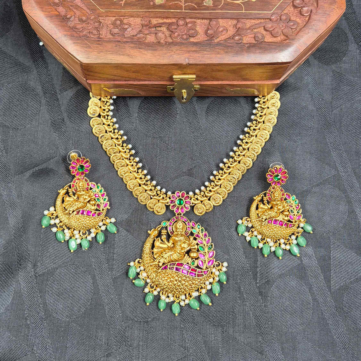 Lakshmi Peacock Kemp Stone Necklace with Green Beads & Earrings