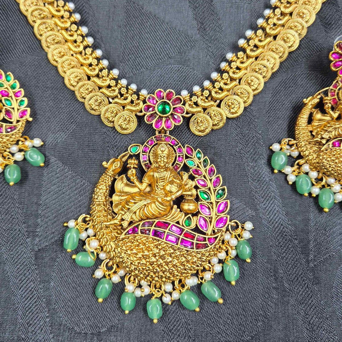 Lakshmi Peacock Kemp Stone Necklace with Green Beads & Earrings