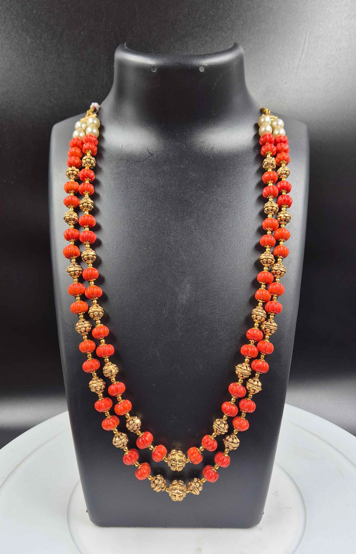 Orange  Beaded Double Layer Traditional Haram with Gold Tone Beads