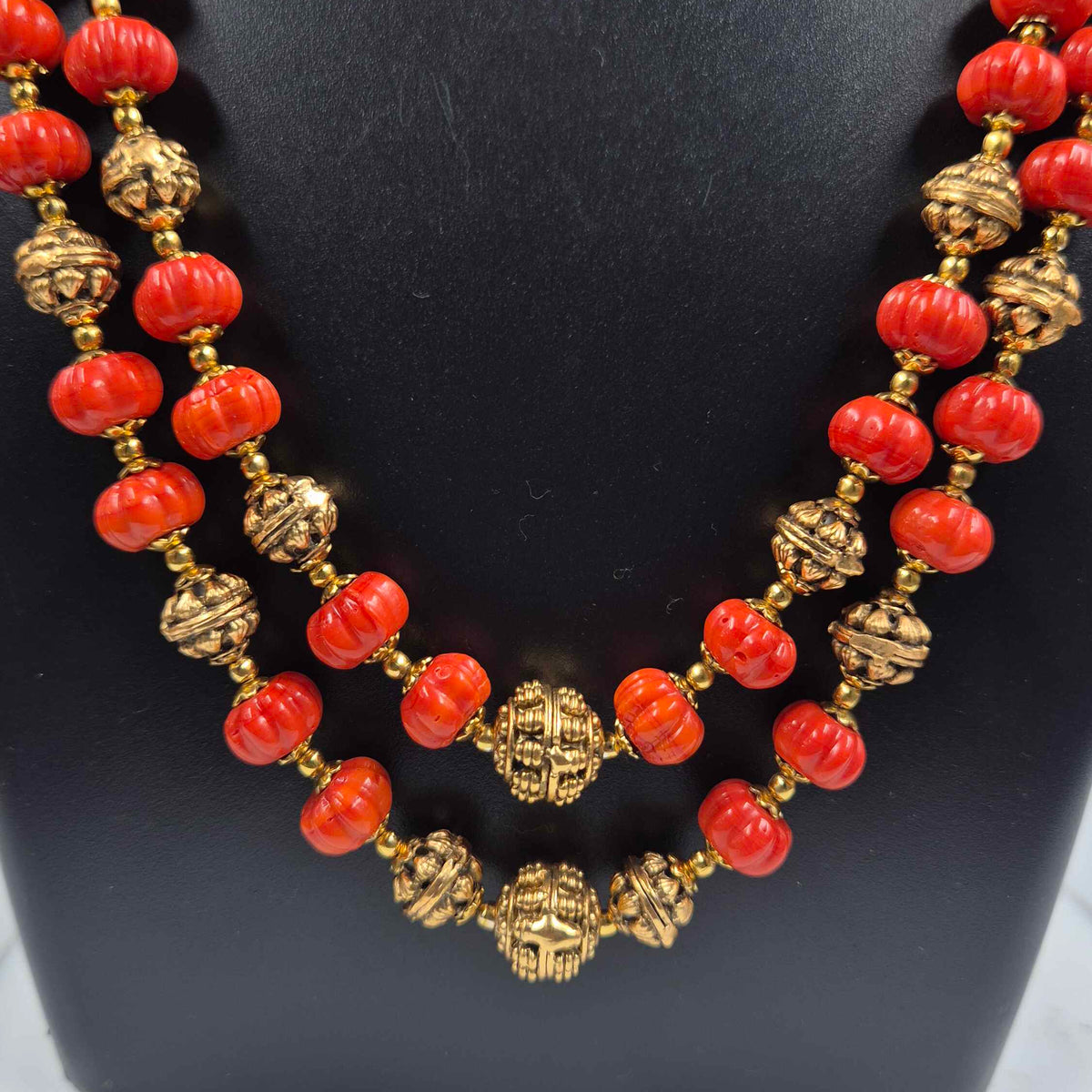 Orange  Beaded Double Layer Traditional Haram with Gold Tone Beads