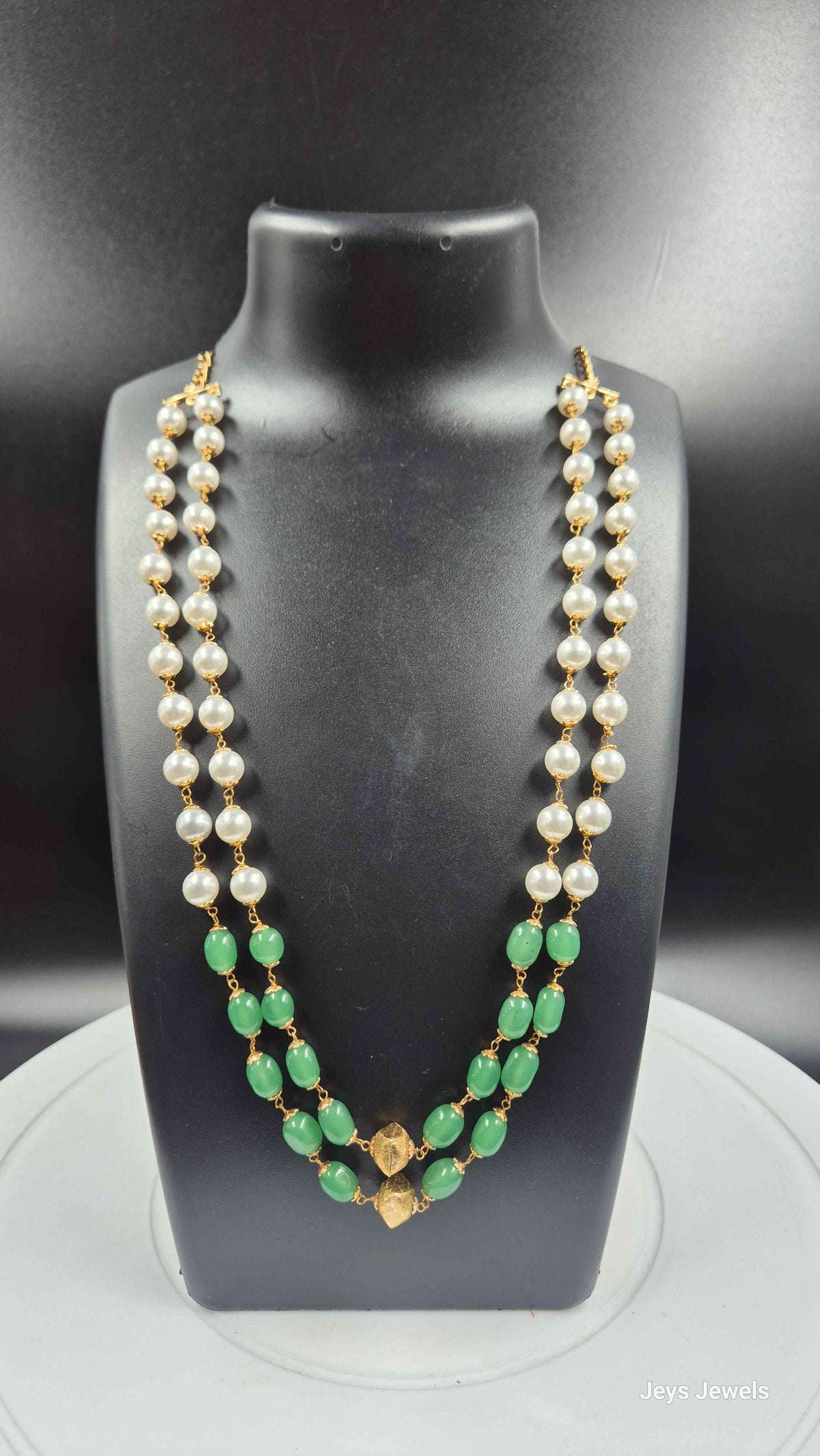 Green Bead & Pearl Double Layer Long Mala with Gold Tone Pendant
