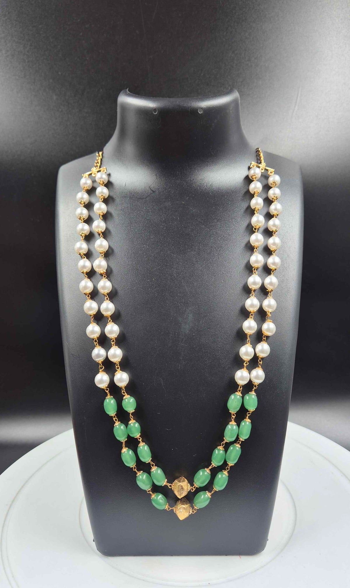 Green Bead & Pearl Double Layer Long Mala with Gold Tone Pendant