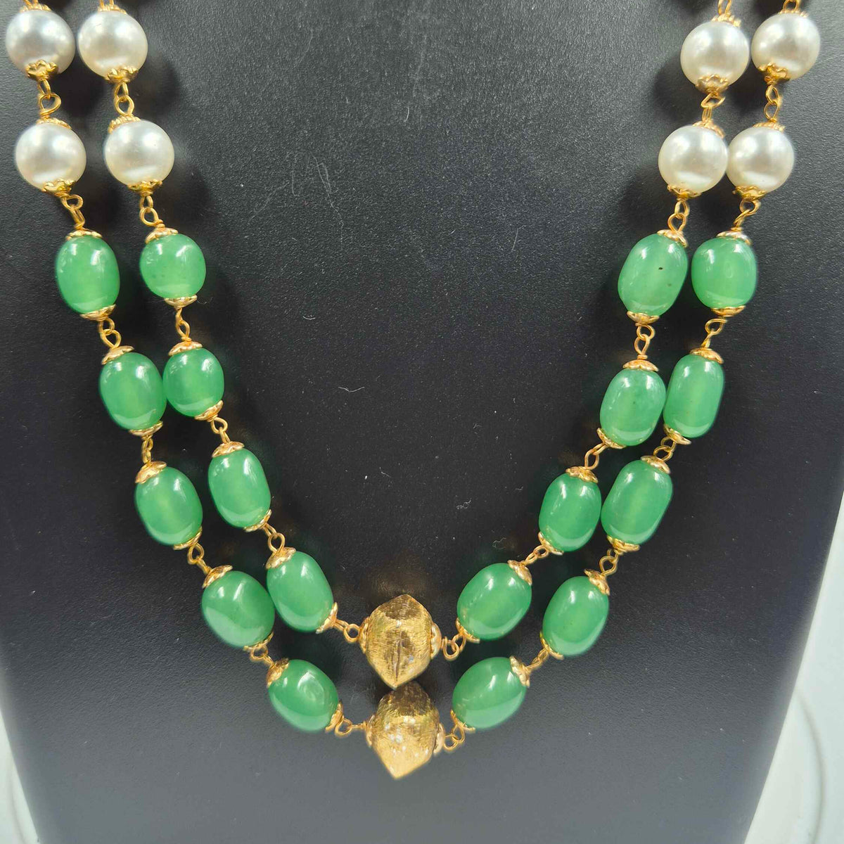 Green Bead & Pearl Double Layer Long Mala with Gold Tone Pendant