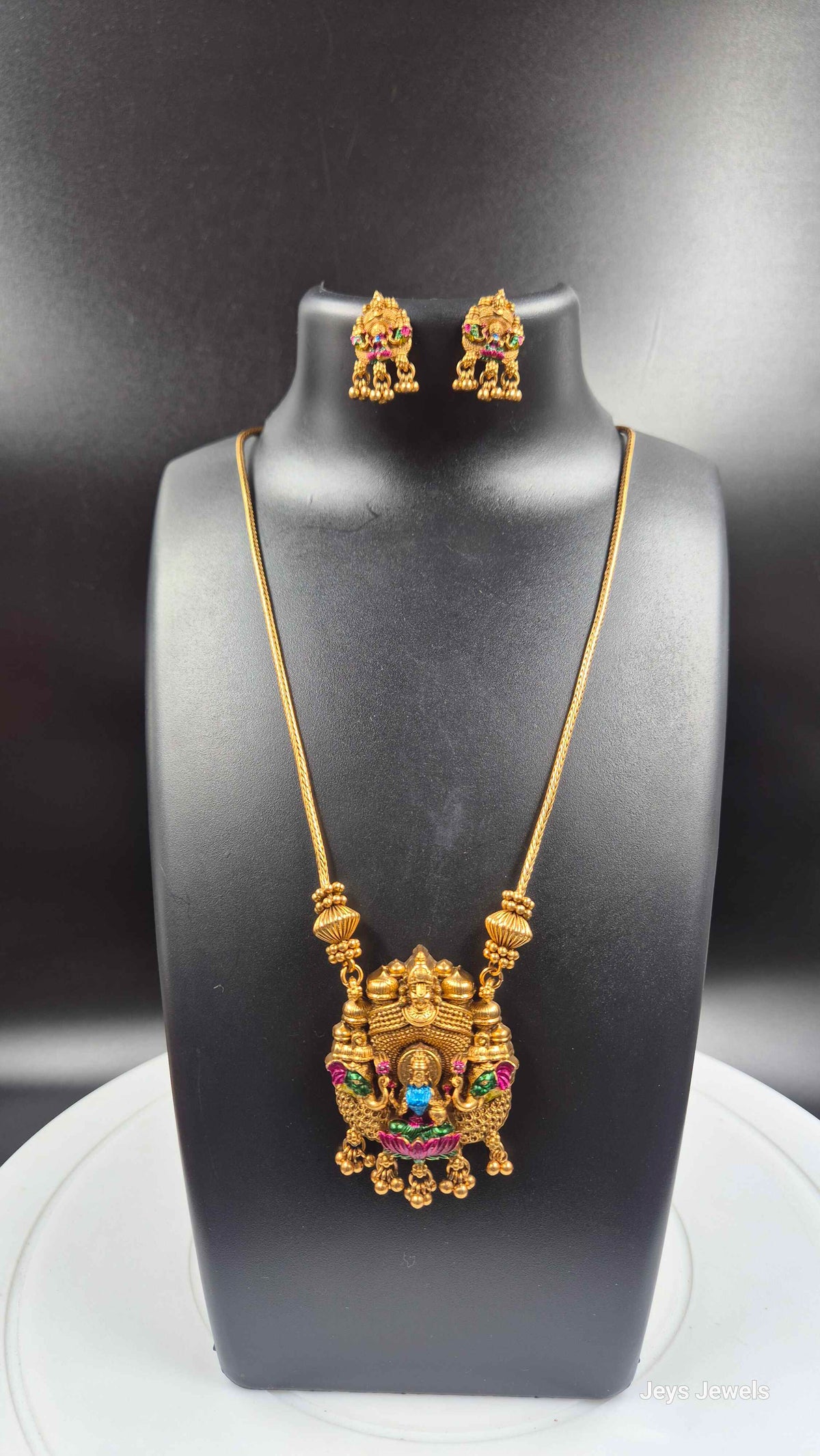 Lakshmi Temple Pendant Necklace with Stone Accents & Earrings