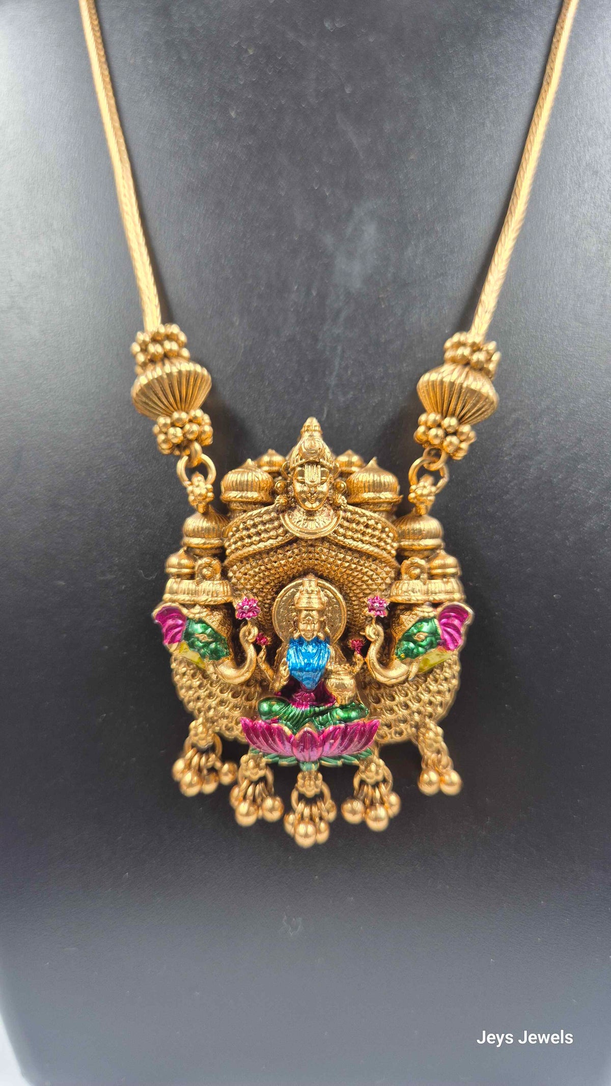 Lakshmi Temple Pendant Necklace with Stone Accents & Earrings