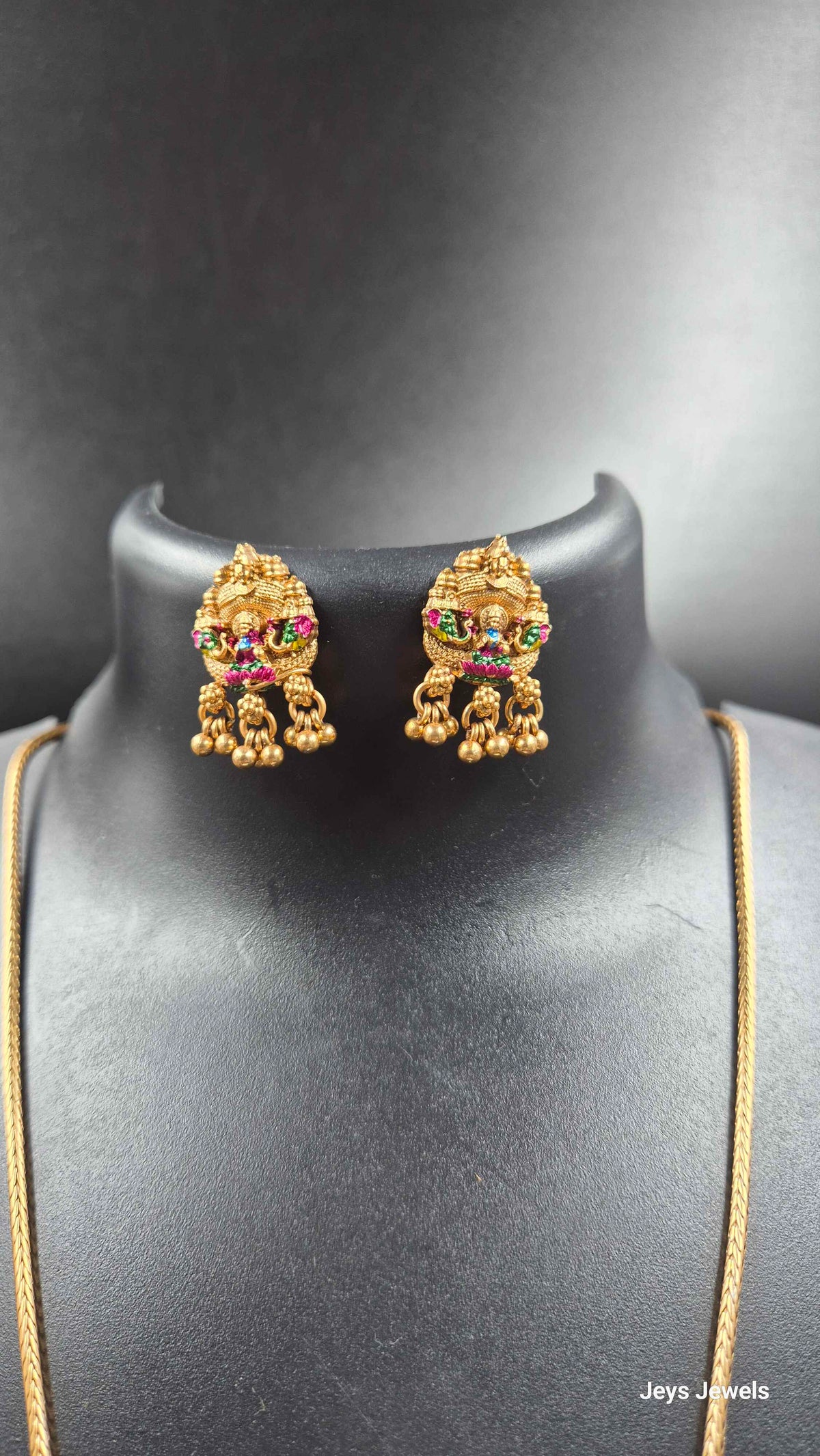 Lakshmi Temple Pendant Necklace with Stone Accents & Earrings