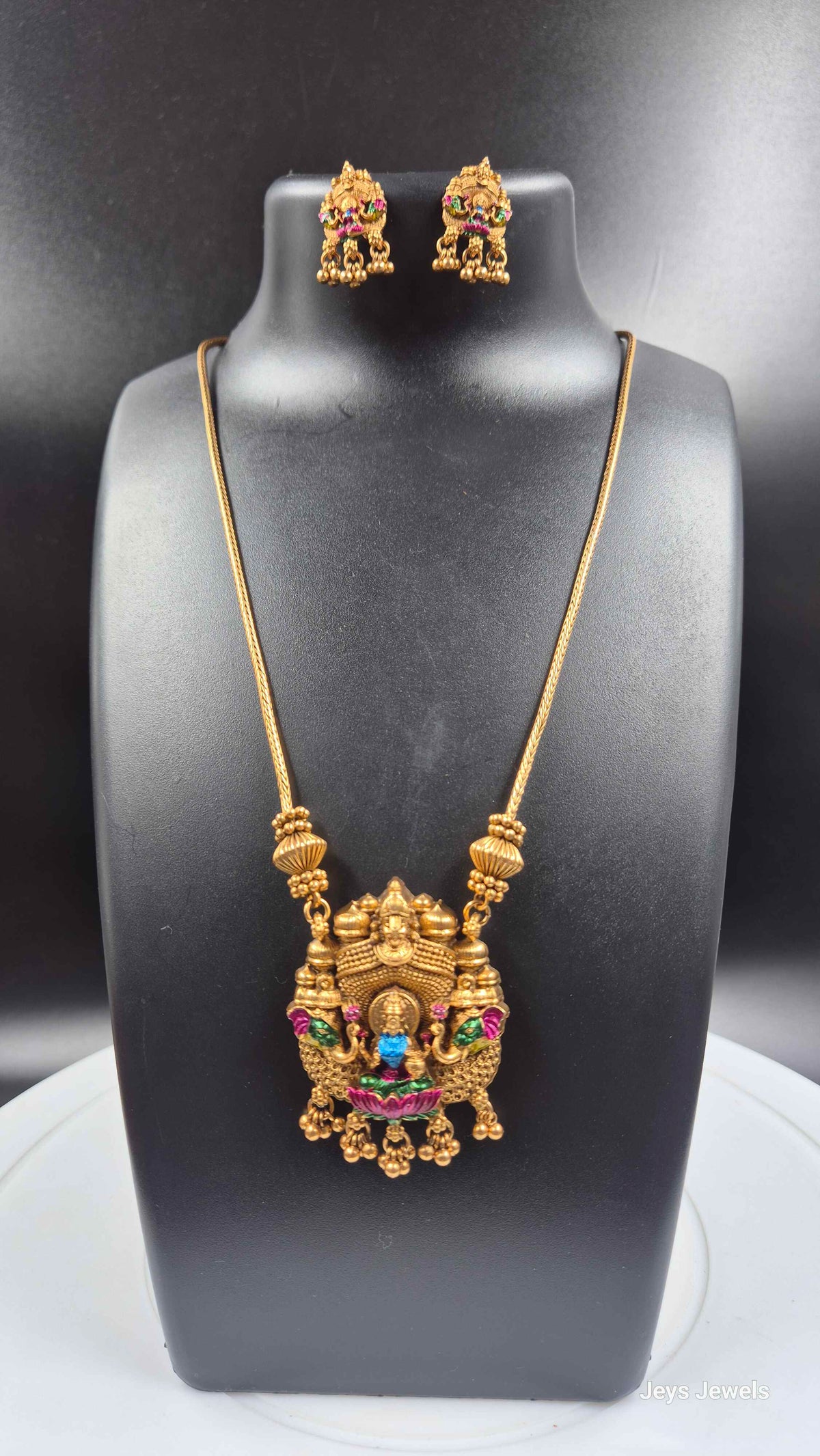 Lakshmi Temple Pendant Necklace with Stone Accents & Earrings
