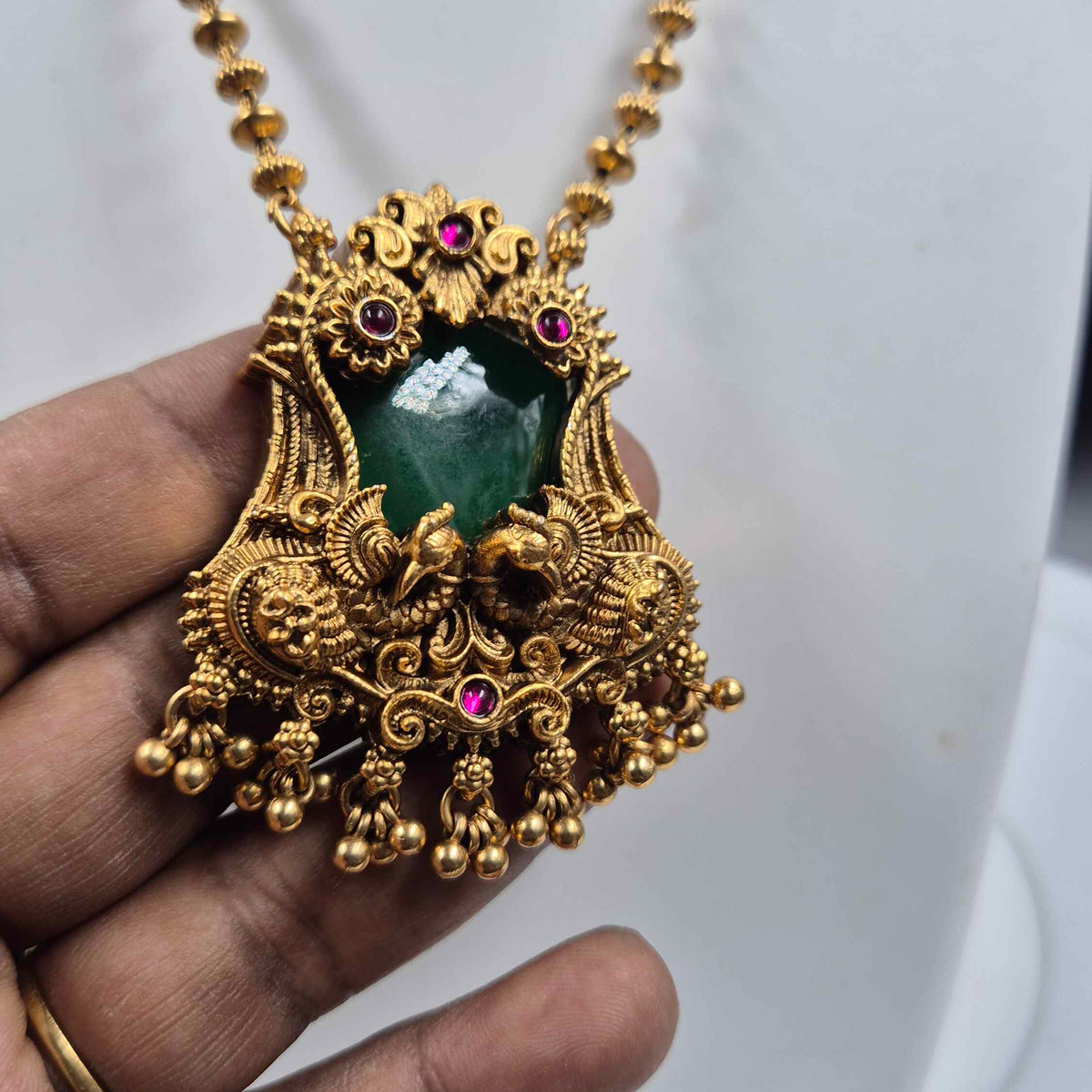 Green Stone Peacock Pendant Necklace with Traditional Earrings
