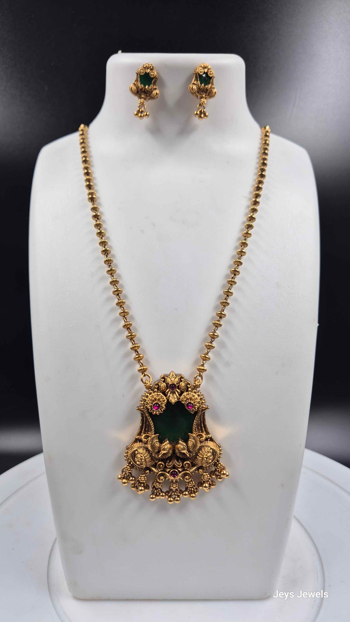 Green Stone Peacock Pendant Necklace with Traditional Earrings