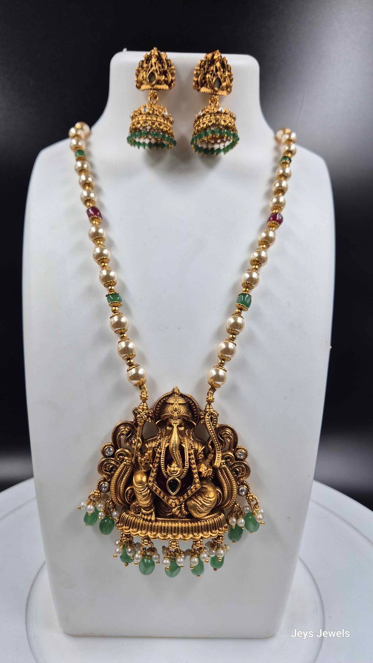 Ganesha Pendant Necklace with Green Beads, Pearls & Jhumkas