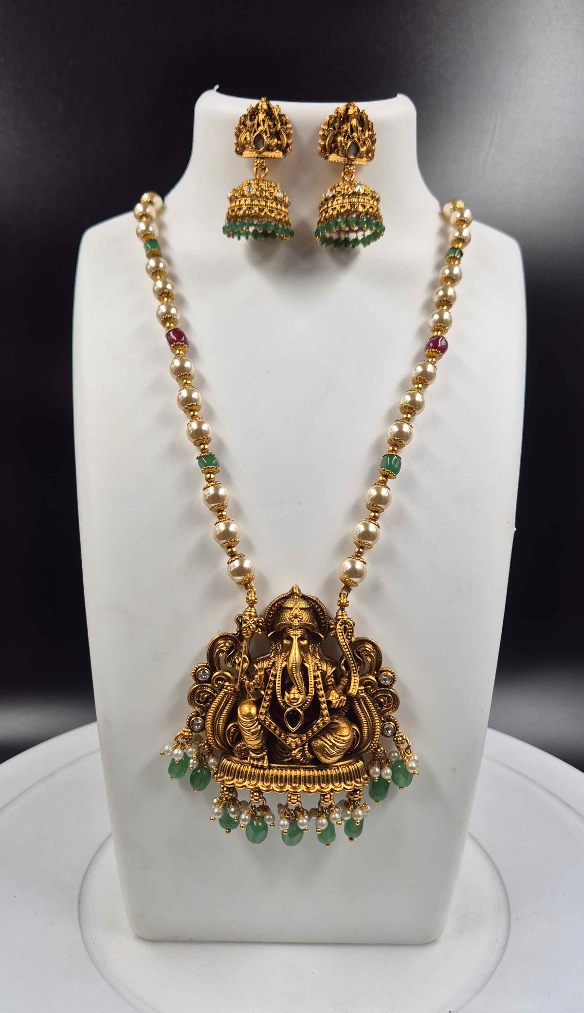 Ganesha Pendant Necklace with Green Beads, Pearls & Jhumkas