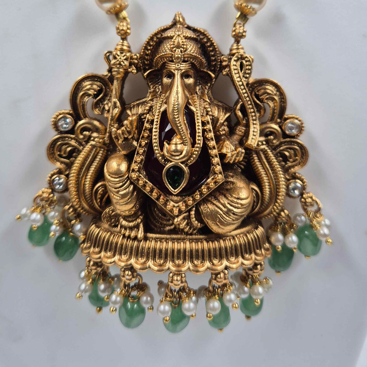 Ganesha Pendant Necklace with Green Beads, Pearls & Jhumkas
