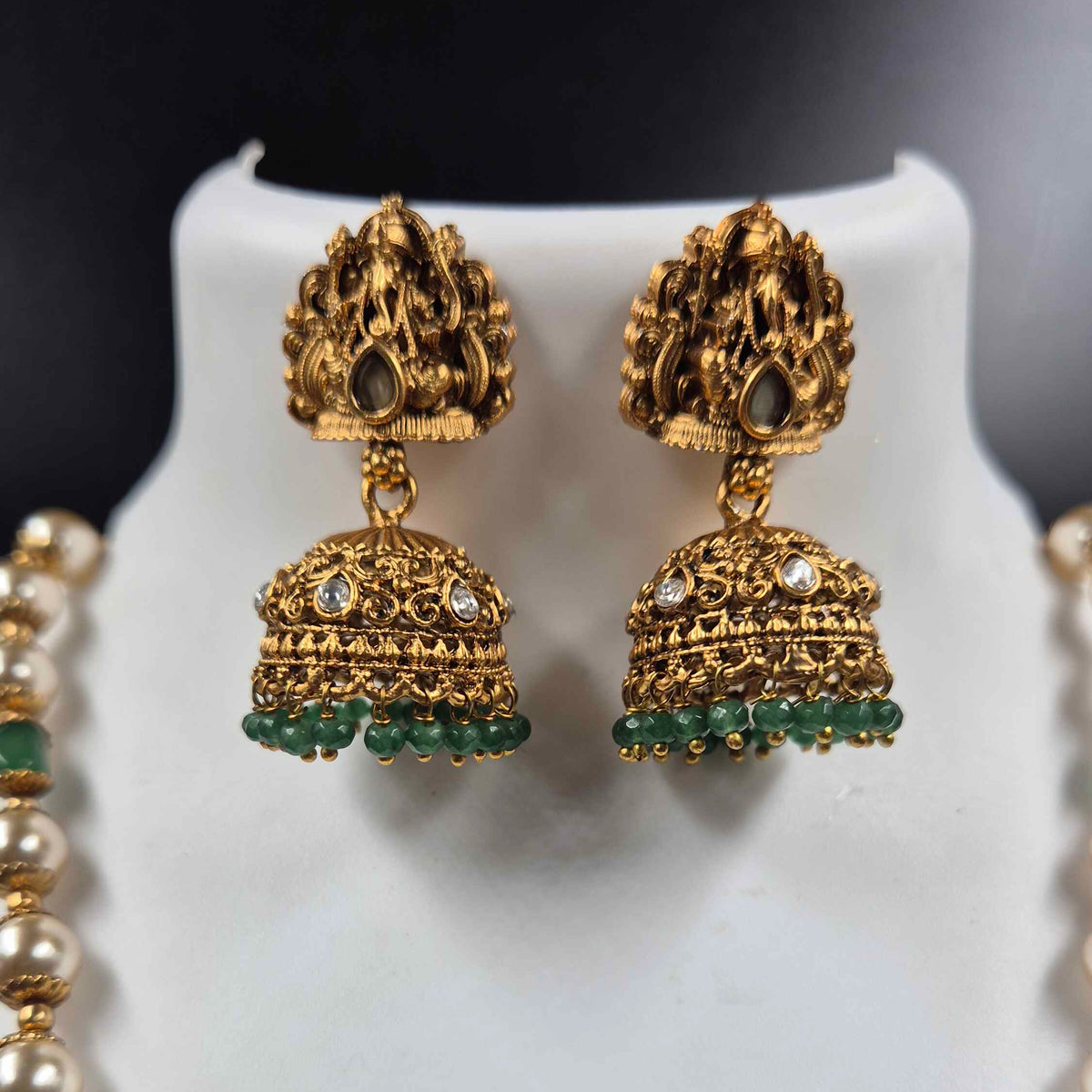 Ganesha Pendant Necklace with Green Beads, Pearls & Jhumkas