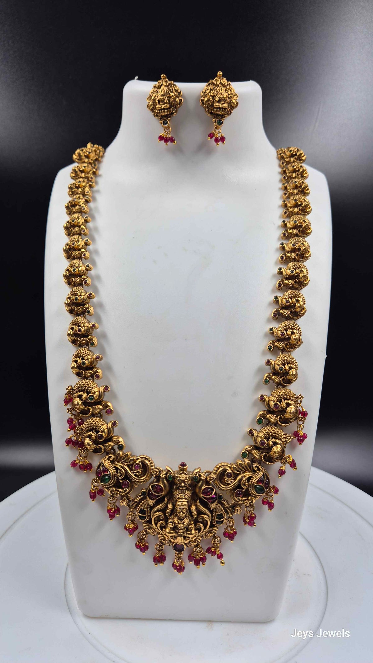 Lakshmi Peacock Haram with Pink & Green Stones and Matching Earrings