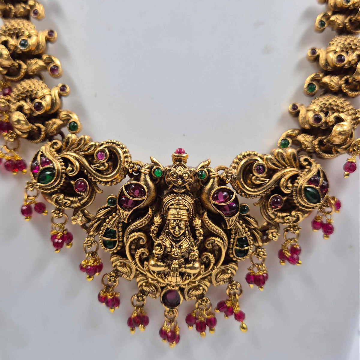 Lakshmi Peacock Haram with Pink & Green Stones and Matching Earrings