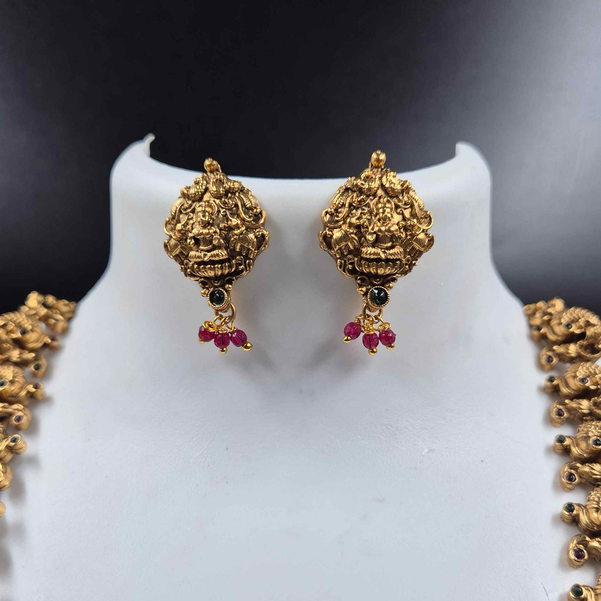 Lakshmi Peacock Haram with Pink & Green Stones and Matching Earrings
