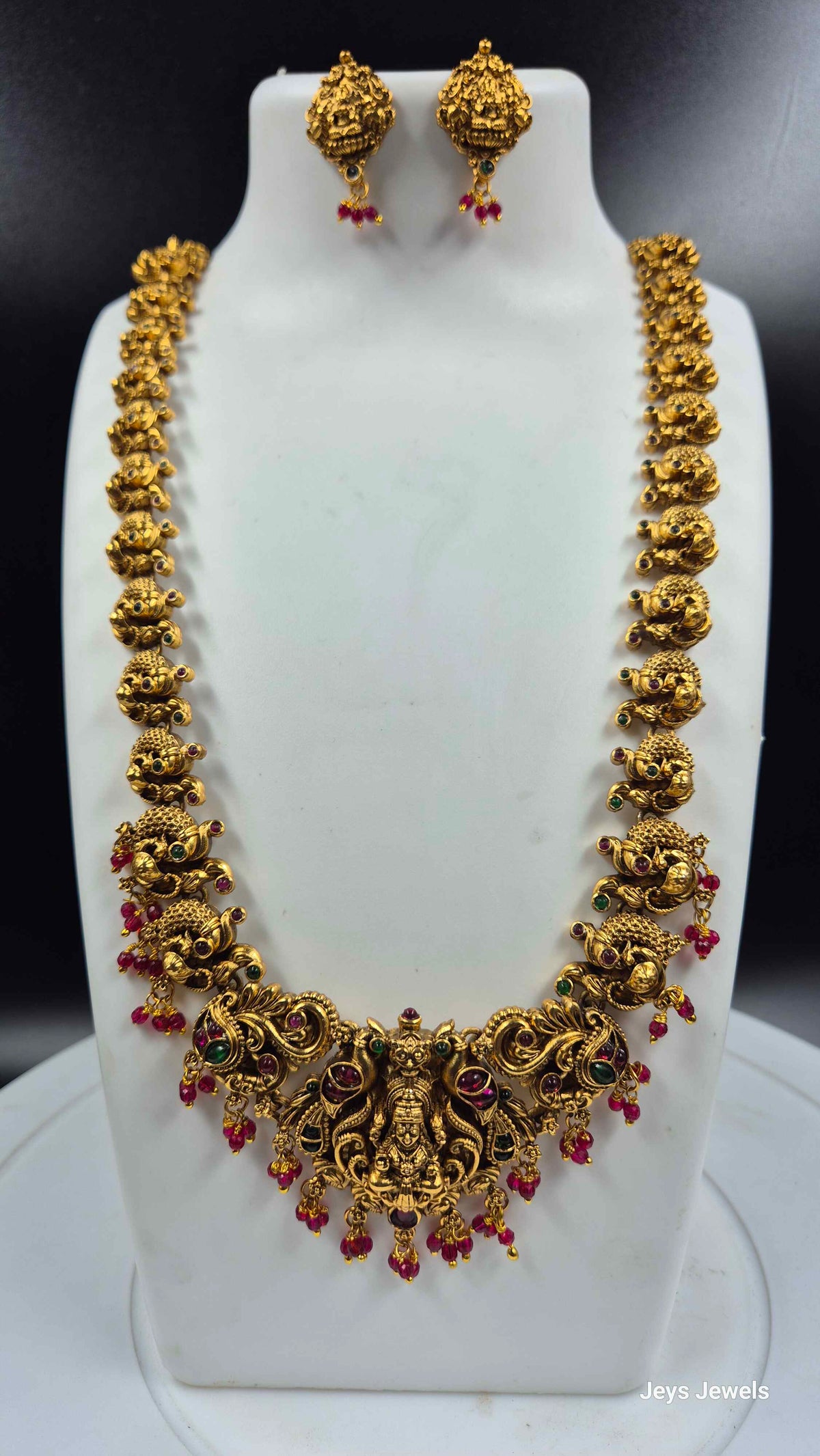 Lakshmi Peacock Haram with Pink & Green Stones and Matching Earrings