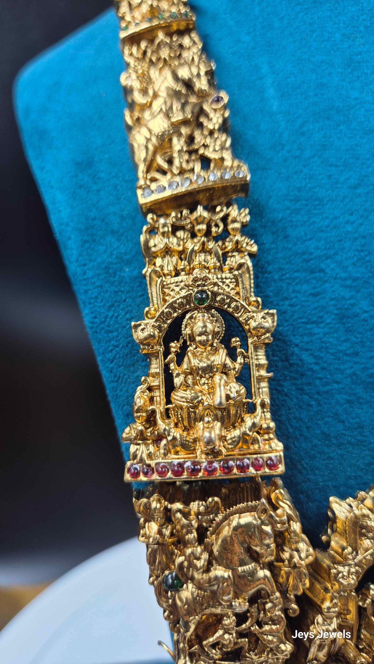 Grand Temple Jewellery Haram with Deity Motifs, red Stones & Earrings