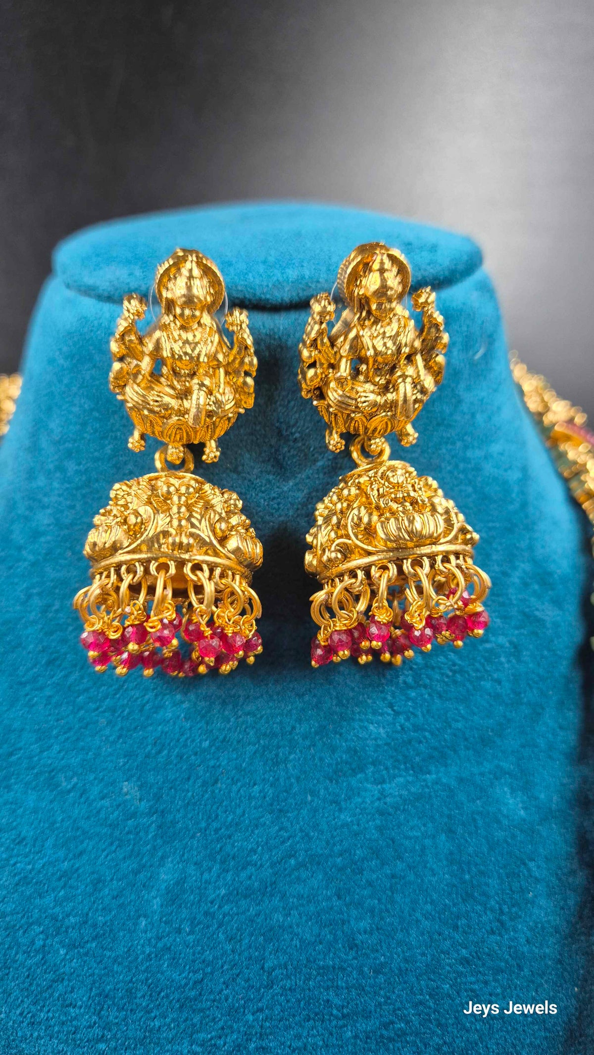 Grand Temple Jewellery Haram with Deity Motifs, red Stones & Earrings