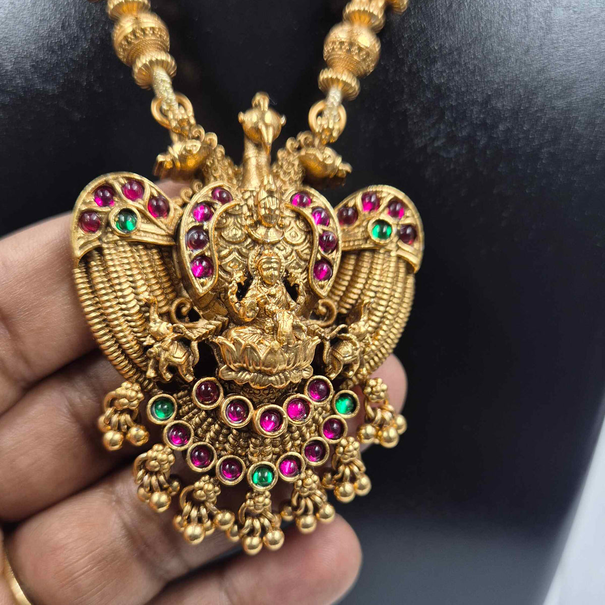 Double Headed Garuda & Lakshmi Pendant Haram Necklace Set