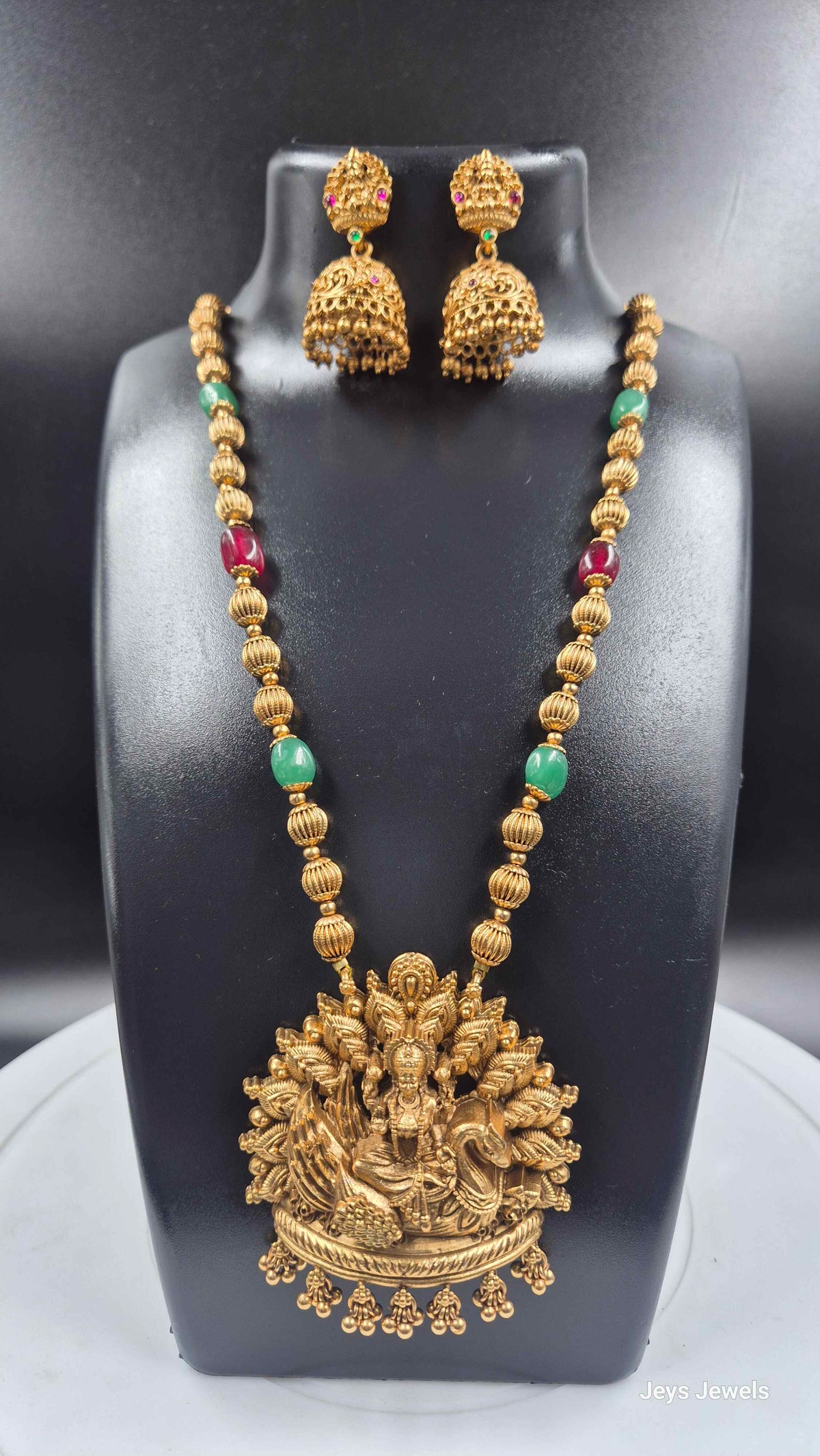 Lakshmi Peacock Pendant Haram with Green & Ruby Beads and Jhumkas