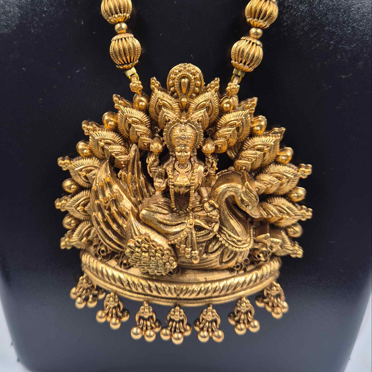 Lakshmi Peacock Pendant Haram with Green & Ruby Beads and Jhumkas