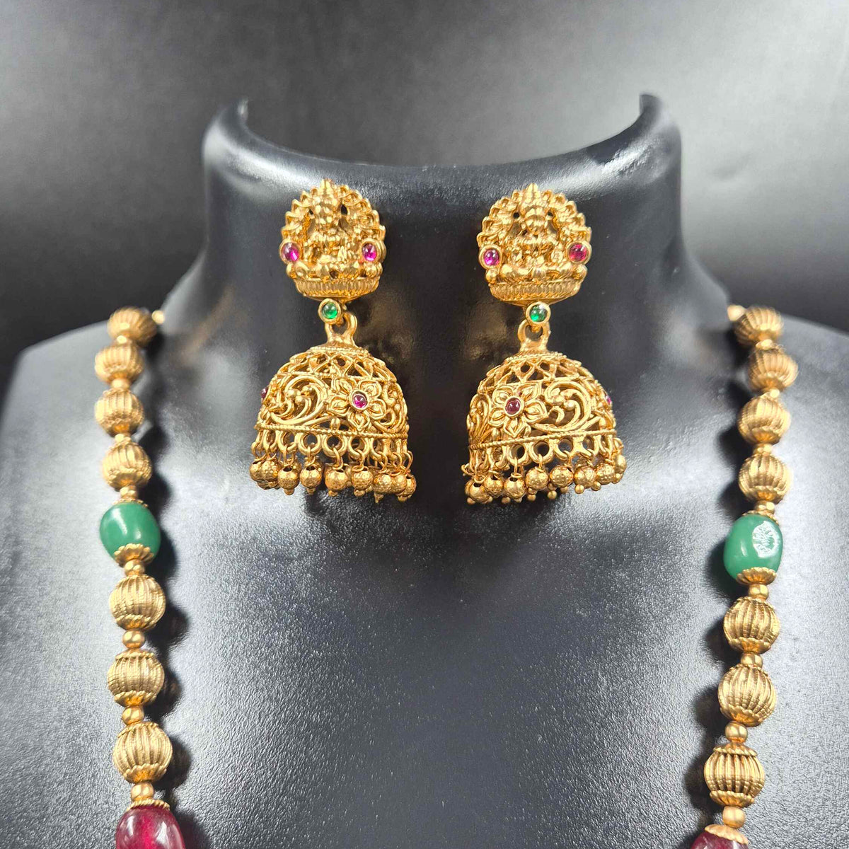Lakshmi Peacock Pendant Haram with Green & Ruby Beads and Jhumkas