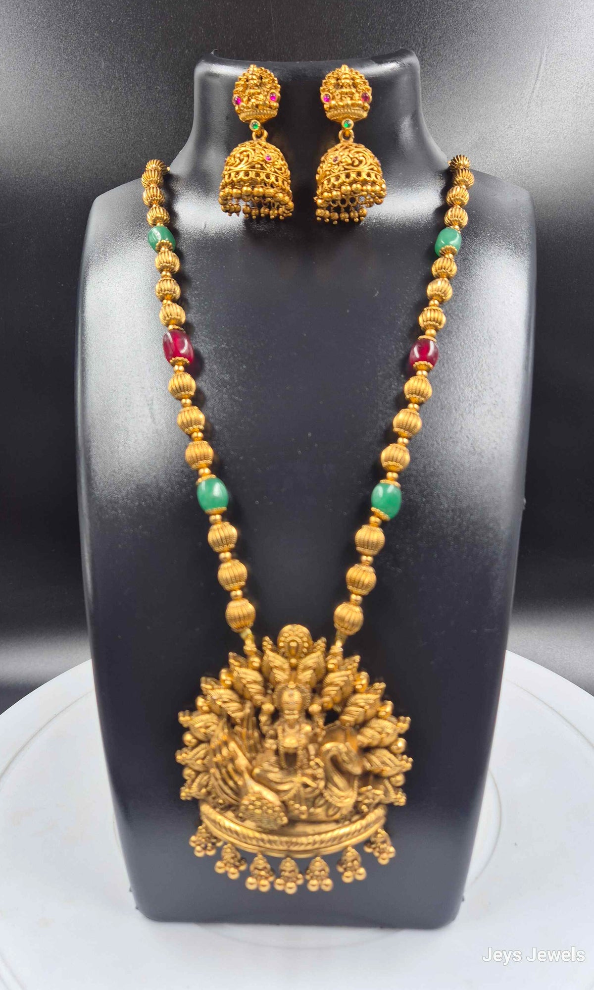 Lakshmi Peacock Pendant Haram with Green & Ruby Beads and Jhumkas