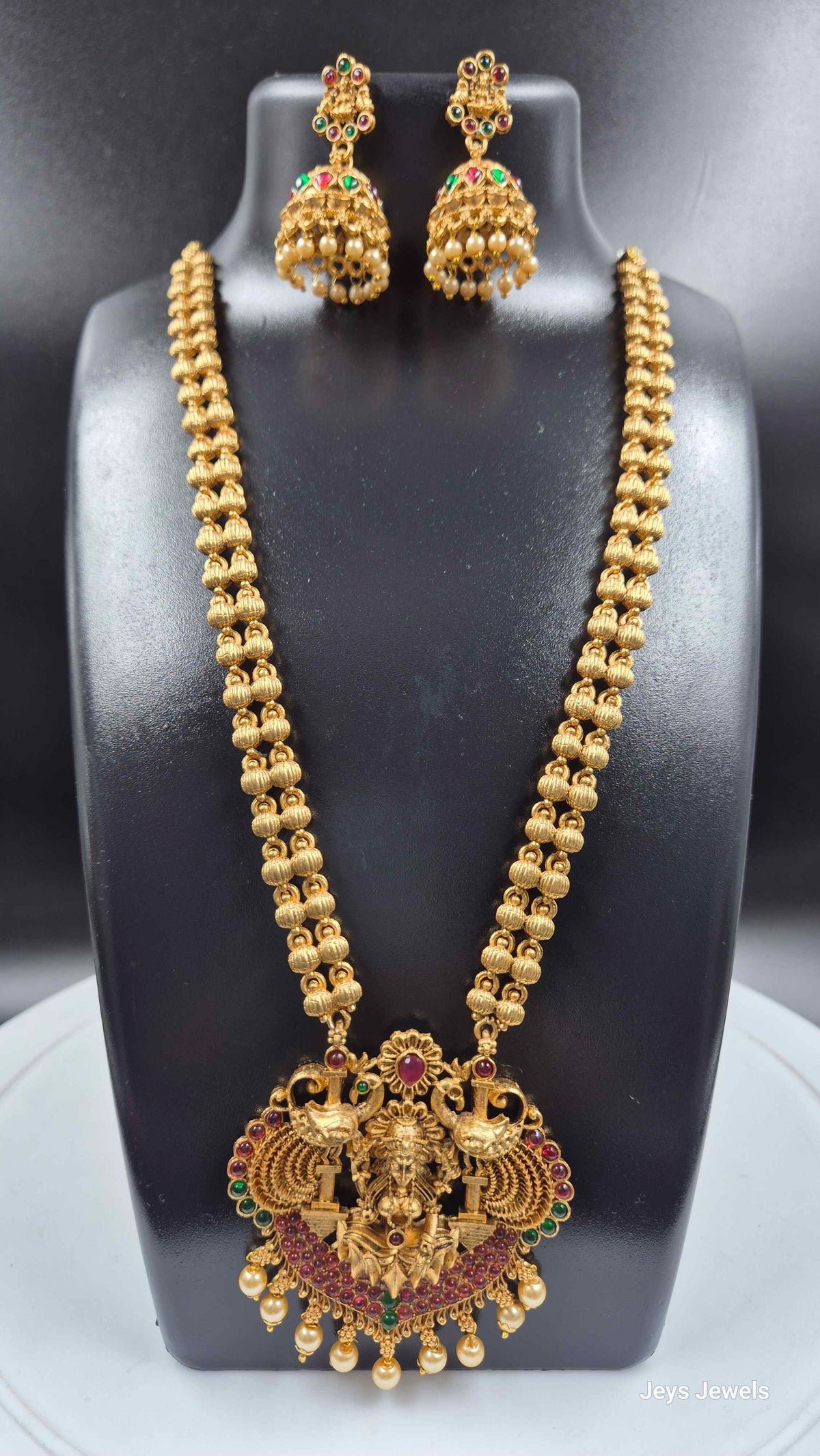 Lakshmi  Pendant Necklace with Ruby Green Stones & Pearls