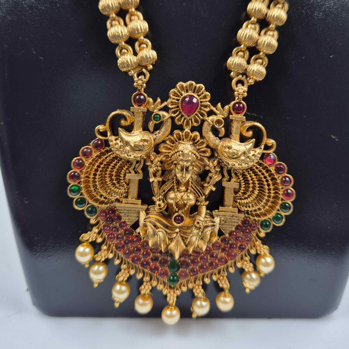 Lakshmi  Pendant Necklace with Ruby Green Stones & Pearls