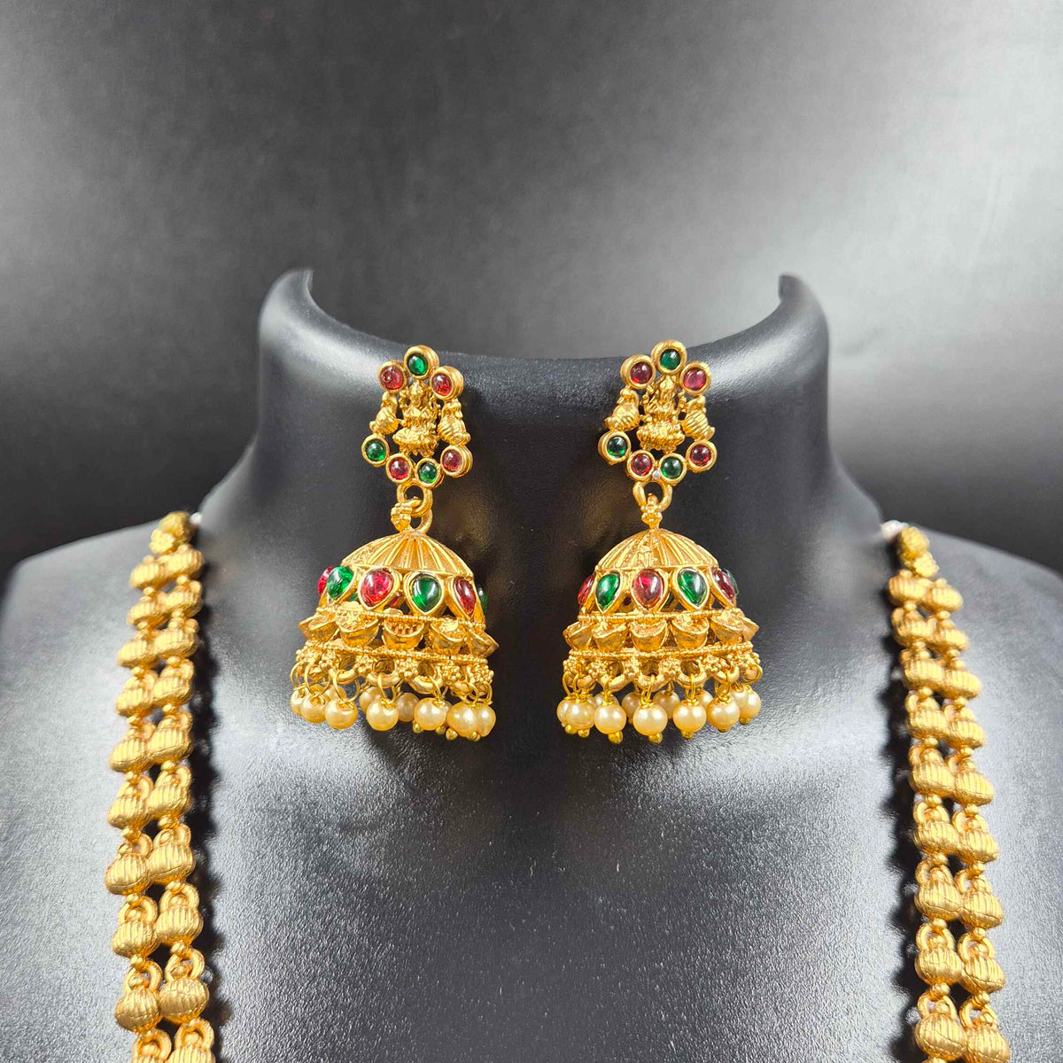 Lakshmi  Pendant Necklace with Ruby Green Stones & Pearls