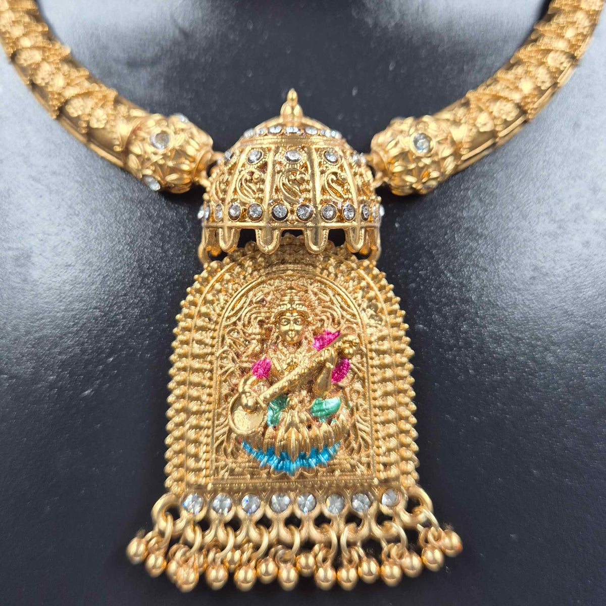 Saraswathi with Veena Temple Necklace Set with  Earrings