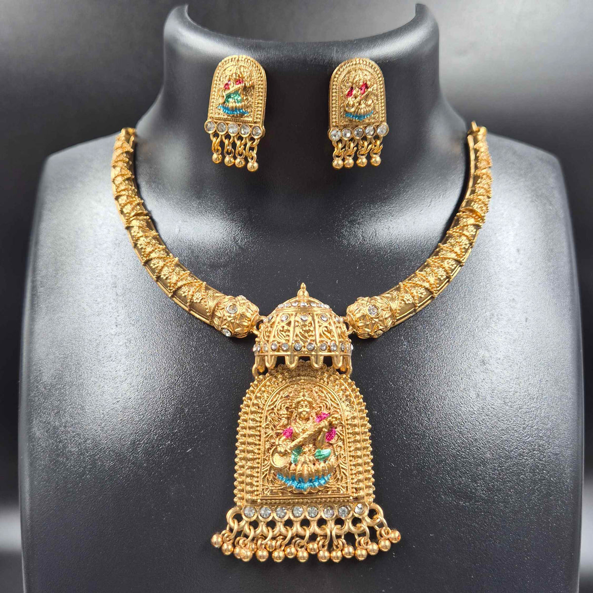 Saraswathi with Veena Temple Necklace Set with  Earrings