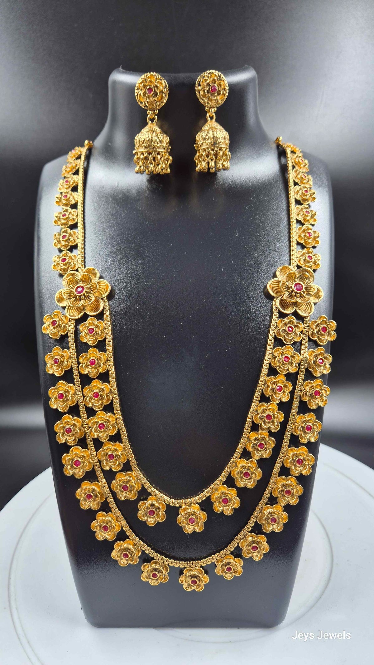 Floral Double Layer Necklace Set with Ruby Stone