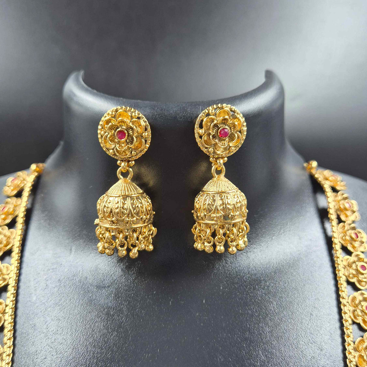 Floral Double Layer Necklace Set with Ruby Stone