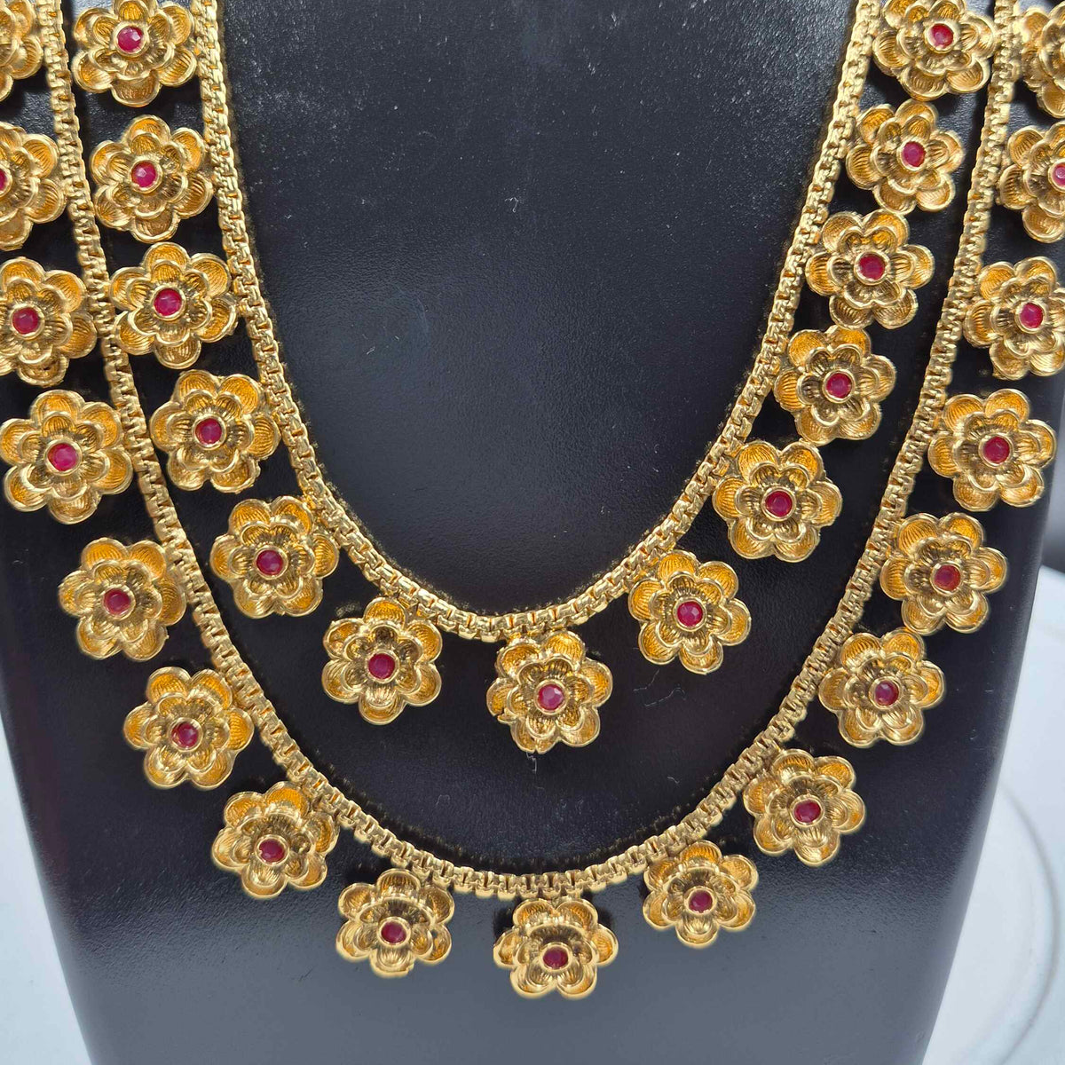 Floral Double Layer Necklace Set with Ruby Stone