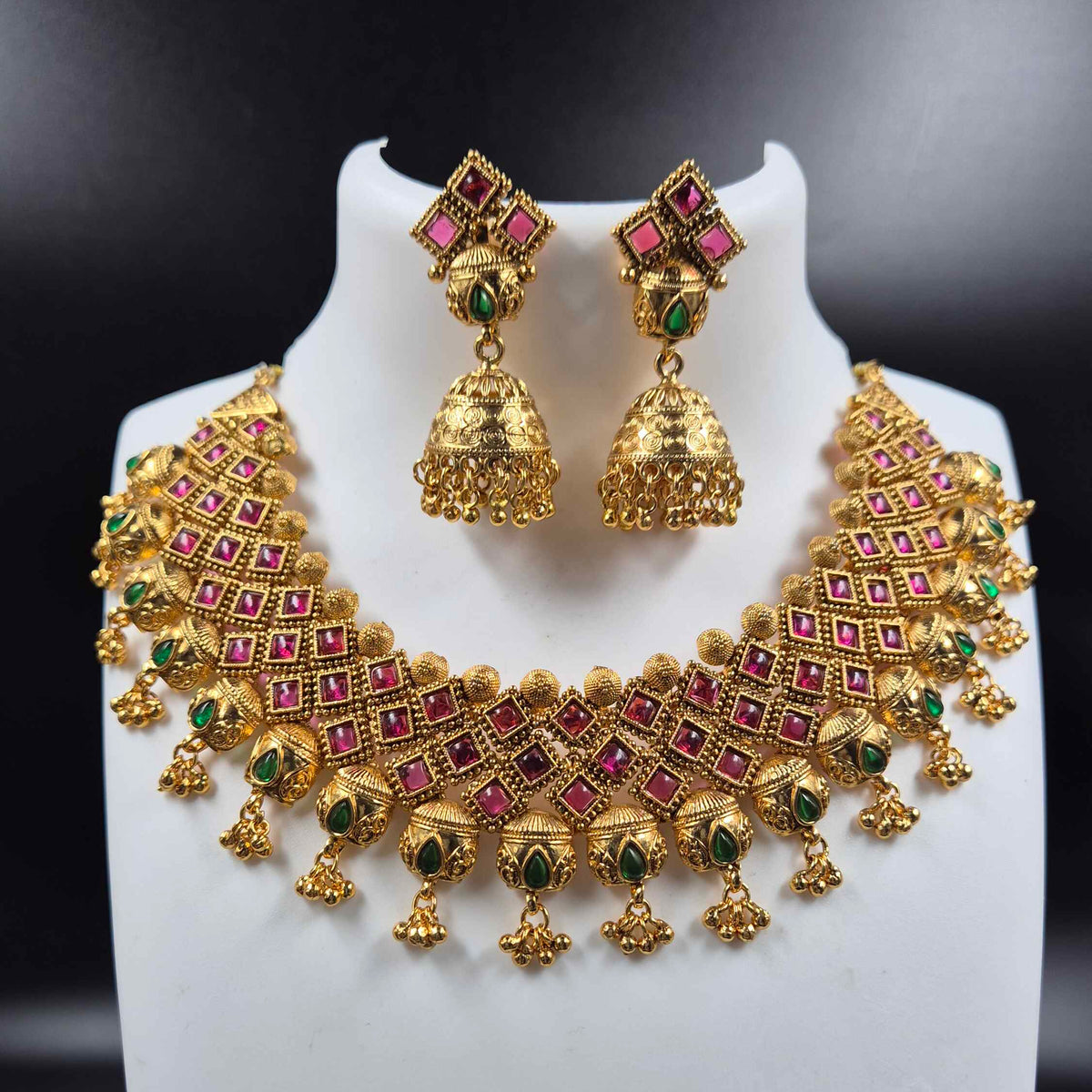 Maharani Choker Necklace with Ruby & Green Stones and Jhumkas
