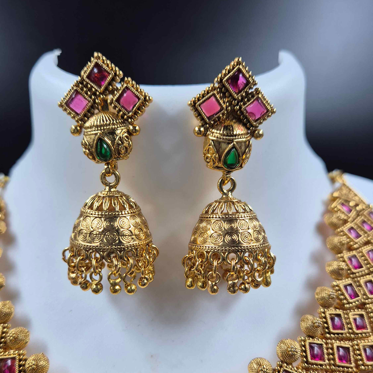 Maharani Choker Necklace with Ruby & Green Stones and Jhumkas