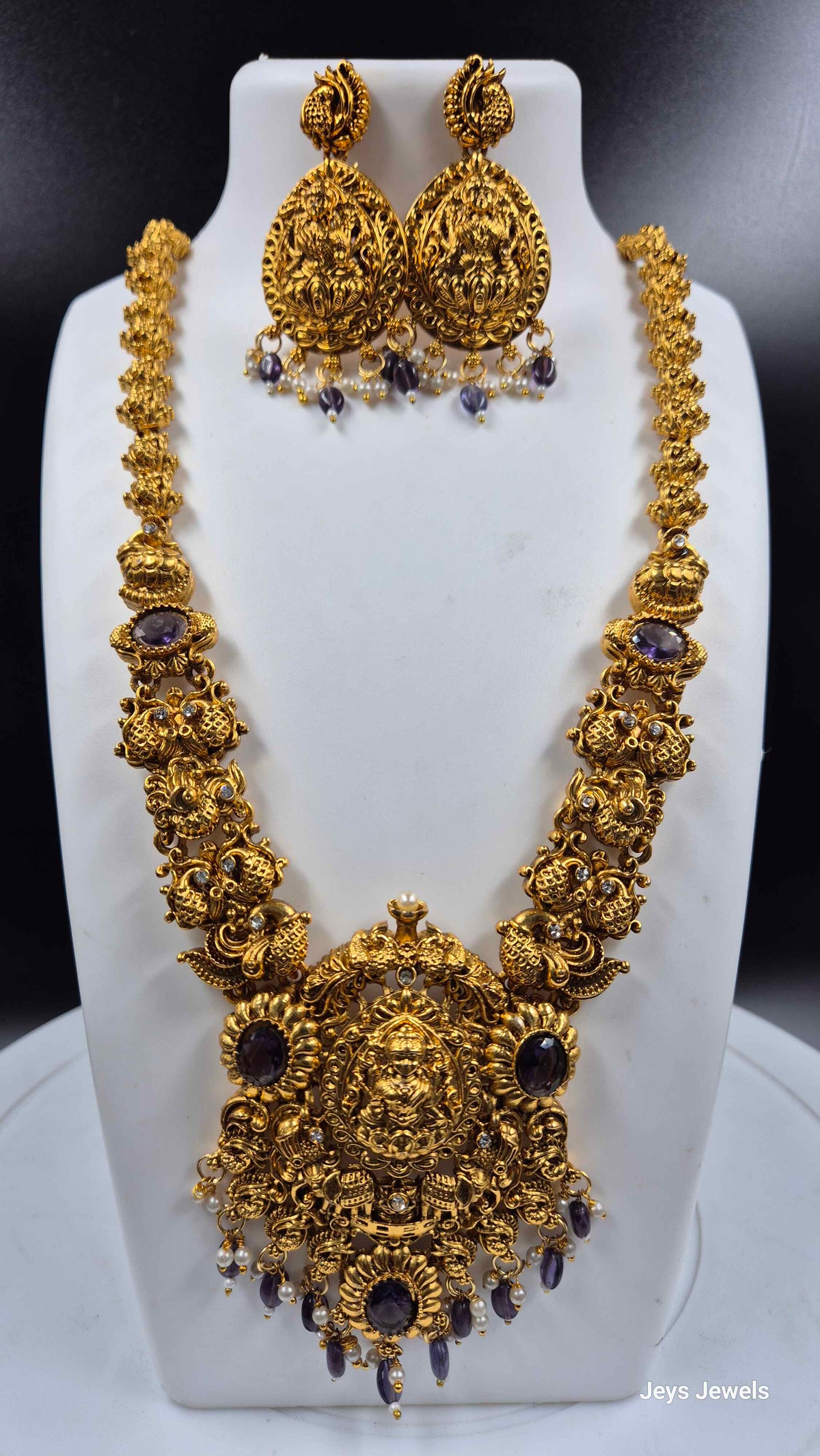 Purple Bead Temple Necklace with Lakshmi Pendant & Earrings