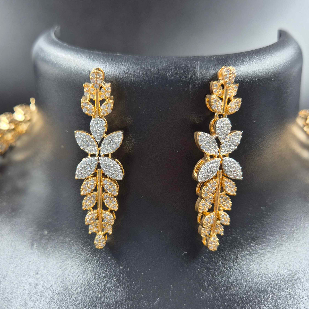 Statement Leaf Necklace AD Set – Front Openable with Earrings