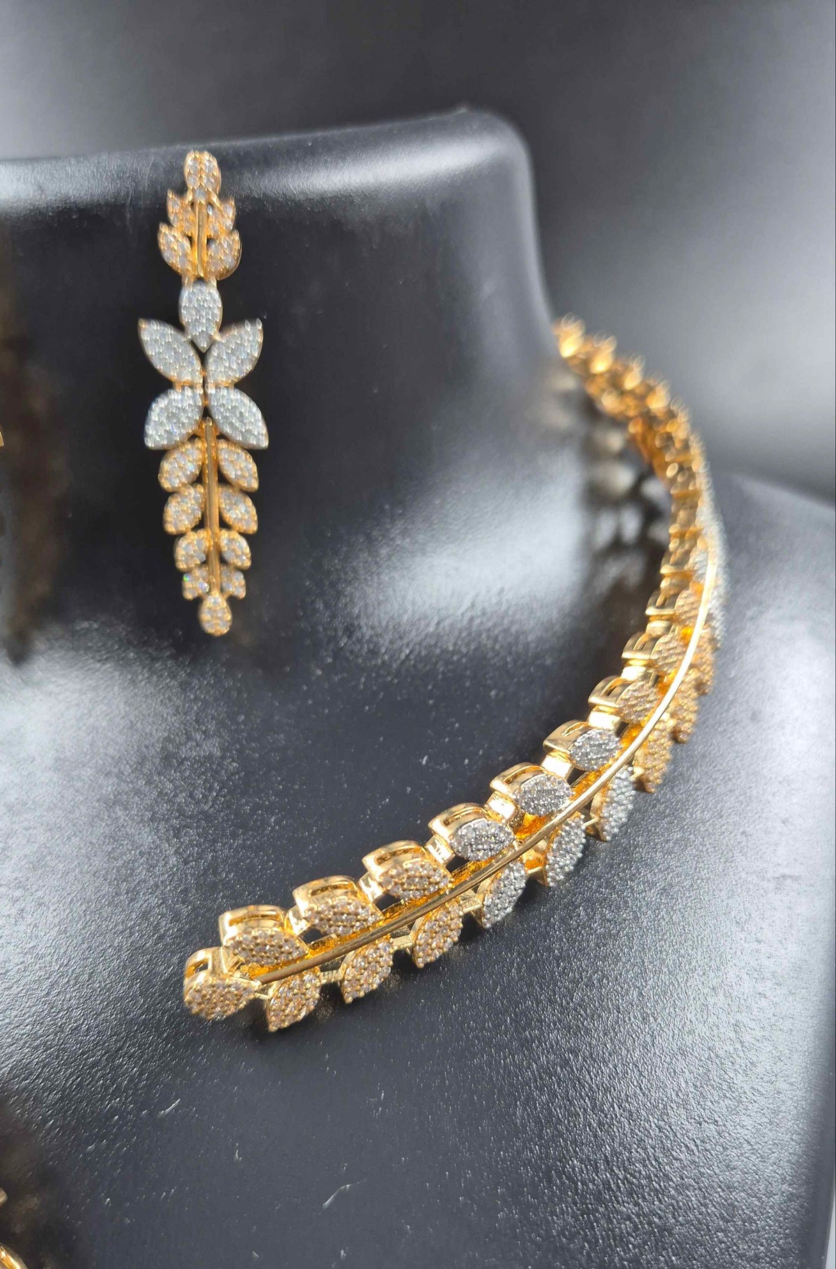 Statement Leaf Necklace AD Set – Front Openable with Earrings